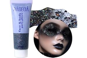 Prreal Gel de Brillo Corporal 50ml, Lentejuelas para Cara y Cuerpo, Sombra de Ojos Líquida, Glitter Grueso para Cabello y Uñas, Polvo Láser Cosmético Holográfico para Maquillaje de Festival (10 Negro)