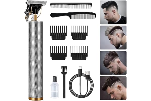 URAQT Tondeuse Cheveux Hommes, Tondeuse Barbe Kit Homme Electriques, Sans Fil Tondeuse à Cheveux Rasoir Barbe Tondeuse Kit, Rechargeable, Silencieuse pour salon de coiffure et la Famille (Argent)