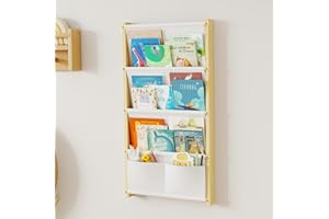 DUHARS Bücherregal Kinder Wand Holz, mit 4 Lagige Taschen Wandregal Bücher Kinder, Montessori Bücherregal für Spielzeug, Kinderzimmer, Baby Zimmer, Spielzimmer, Kinderregal Bücher Aufbewahrung, 80*42CM, Weiß