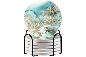 HAOCOO Drink Round Coasters with Holder (Set of 6), Absorbent Ceramic Coasters with Non-Slip & Scratch-Resistant Cork Base (Blue Marble)