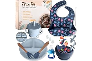 FlexiTot Baby Silicone Tableware Set with Suction Cup, Bowl, Drinking Cup, Bib and Cutlery - Ideal for BLW and Intro | Gift Box for Toddlers (Blue)