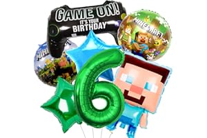 YOOYEH 7 PCS Minecraft Foil Balloons, 1 Number 6 Balloon 32inch Party Supplies Decorations for Boys Girls Superhero Decorations (6th)