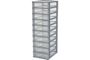 Iris Ohyama, Tour de Rangement Plastique, 10 Petits Tiroirs, Gris, Ouverture Facile, Format A4, A5 & A6, Meuble, Organisateur, pour Bureau, Fourniture Scolaire, Papeterie, Sans BPA, OCH-2100