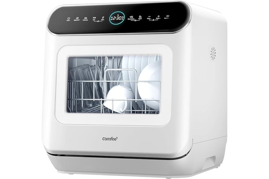 COMFEE' Mfd42S110W-It Dishwasher Freestanding with 3 Places, 7 Programs, Touch Control, LED Display, Delay Start and Off Season Wash Function, White