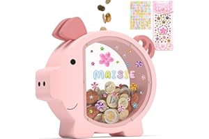Summidate Holzsparschwein für Kinder, unzerbrechlich, niedlich, personalisiert, mit DIY-Aufkleber, kreative Spardose zum Geburtstag, Rosa