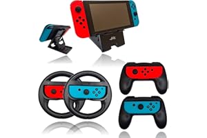 GG ACC BY GOGIK 2 joystick hand grips e 2 volante nere per Nintendo Switch/OLED Joy-Con - Supporto per schermo GRATIS - Ideale per il gioco multiplayer - Controller ergonomici - Compatibile con destra e sinistra