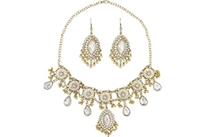 VLYX Ensemble de bijoux traditionnels indiens pour femmes - Collier et boucles d'oreilles Jhumka - Style ethnique bohème pour mariages et fêtes