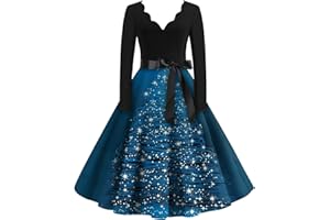 JKJFJKA Damen Weihnachten Kleider Elegant Lässig Lose Langärmelig Cocktail Kleid Trendig Druck Rüsche V-Ausschnitt Kleider Mit Gürtel Kleid Weihnachten Damen