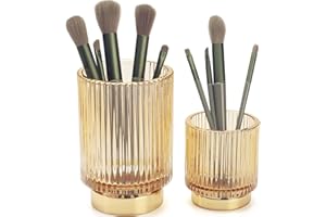 BTGGG Makeup Brush Holder 2 Pack Glass Cosmetic Makeup Brush Organiser for Vanity, Eyeliners, Eyebrow Pencil, Bathroom Toothbrush Holder, Office Storage Cup Desk Pen Holder, Amber (S+L)