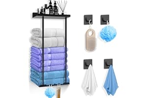 CUBTEM Toalleros de Baño sin Taladro,Toallero Adhesivo Negro con 4 Ganchos Adhesivos para Pared,Colgador Toalla Baño Extensible con Estante,para Pegar en la Pared del Caravanas Cocina y Baño,38-75 cm