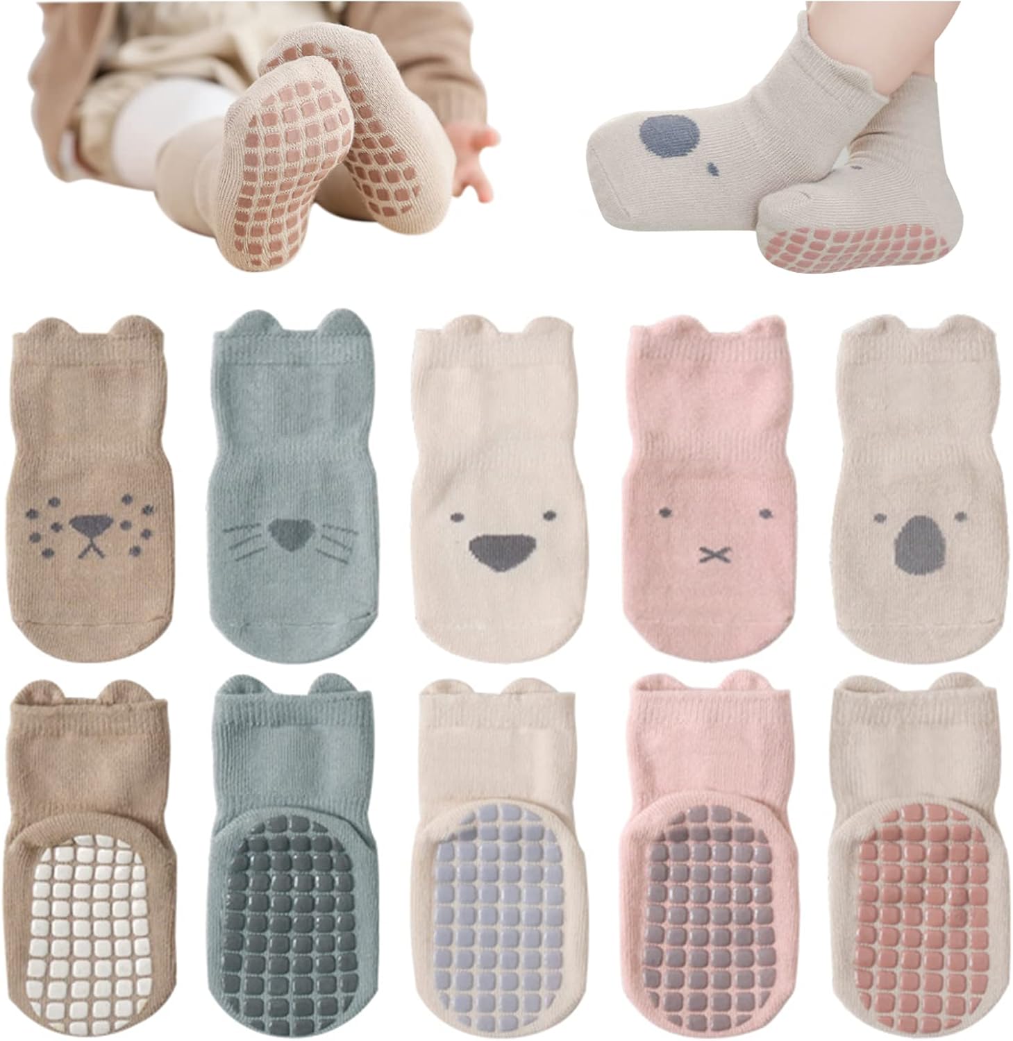 DRESHOW Bebés Calcetines Antideslizantes Calcetines de Tripulación de Tobillo con Agarres Calcetines de Algodón de Dibujos Animados para Bebé Niñas Niños