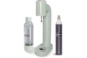 Cello Sparkling Water and Soda Maker Machine, in Sage Green with 1 Litre Reusable BPA-Free Water Bottle for Carbonating & 60 Litre Co2 Gas Cylinder | No Electricty required | Sparkling Water Maker
