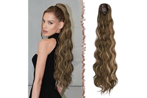 FESHFEN Cola de Caballo Extensiones - 75 cm Largo Extensiones de Pelo con Cordón Ondulado Coleta Pelo Natural Sinteticas Peines Clip in Coleta Postizos para Mujeres,Rubio Miel Mixto Marrón Claro