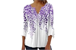 SUSENSTONE Chemisier Femme Chic et Élégant Manches 3/4 Tshirt Imprimé Plissé Henley Tshirt Col V Blouse Mousseline de Soie Boheme Haut Manche Courte Tunique Été Plage Travail Tunique Top