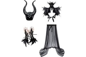 AOLIUP Malefica Costume Donna: Gotico Vestito Strega Maleficent con Corna Scialle di Piume e Polsini per Halloween Carnevale Cosplay Festa Abito