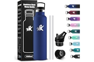 KollyKolla Botella Agua Acero Inoxidable 1L, Botella Termica con Pajita y Filtro, Reutilizable, Cantimplora sin BPA, Prueba de Fugas, Termo para Senderismo, Adultos, Escuela, Deporte, Gimnasio