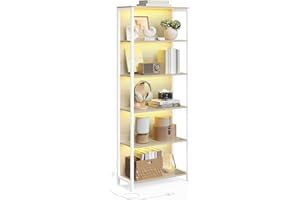 VASAGLE Estantería de 6 Niveles con Luz LED, Librería con Luces Ajustables, Marco de Acero, 30,3 x 60 x 178,6 cm, para Sala de Estar, Dormitorio, Oficina, Beige Natural LLS120LL01