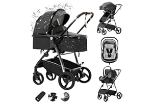 Zkiprm Leather 3 in 1 Stroller Travel System Includes Baby Stroller and Car Seat Rain Cover Aluminum Frame Reversible One-Click Folding Anti-Vibration Pushchair for Newborn 0-4 Years