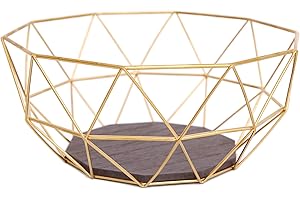 KONTARBOOR Cestino per frutta, cesto per frutta, design in metallo, oro e legno, 26 x 26 x 12 cm, colore: grigio