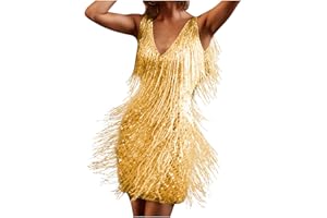 ALWYEANS Womens Mini Dress 1920s Flapper Fringe Dress Vintage Dance Dress V Neck Roaring Fancy Sequin Dress Sleeveless Costume Cocktail Party Dress Tassels Ballroom Salsa Samba Tango Latin Dance Dress