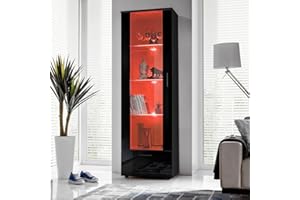 ‎KOMODEE Komodee, Vitrine Schrank Alessandria, Schwarz/Schwarz, Breite 60cm x Höhe 192cm x Tiefe 42cm, LED RGB, 3 Glasböden, 1 Regal aus laminierter Platte, für Wohnzimmer, Schlafzimmer