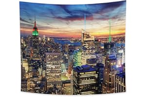 YongFoto 180x160cm Ville Tapisserie, New York City Skyline Tenture Urbain Gratte-ciel coucher de soleil Fibre polyester Tapisserie pour la chambre RV Tentures Dortoir Taverne Motel Art mural Décor