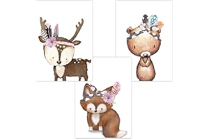 Olgs Babyzimmer Bilder 3er Set | Kinderzimmer Deko Poster DIN A4 | Wandbilder Tiere Feder | Wandposter Mädchen Junge | Waldtiere Fuchs Bär Hirsch Baby Tiere Boho