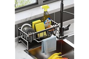MOFASVIGI Washing up Caddy Kitchen Organiser - Under Sink Storage Stainless Steel Sponge Holder with Removable Dish Cloth Hanger Cleaning Rack for Countertop with Inclined Drain Tray(BLACK, 23*10*9CM)