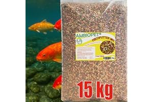 Ambiopet Koifutter, 4 Sorten Mix, schwimmende 6mm Pellets im 15kg Beutel zur ganzjährigen täglichen Fütterung mit Weizenkeimen, Paprika, Spirulina sowie Ölen