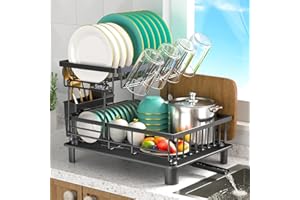 DPV Store Égouttoir à Vaisselle 2 Niveaux en Acier Inoxydable – Antirouille & Durable – Avec Plateau d’Égouttage , Bec 360°, Porte-Couverts – Gain de Place - Organisateur Cuisine - 43×33×33 cm