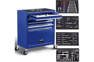 AREBOS Servante d'atelier 4 Compartiments | 4 tiroirs à roulement à Billes avec 81 pièces d'outils | Chariot à Outils | 2 roulettes avec Frein de stationnement | Bleu