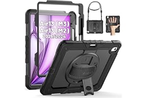 SEYMAC Custodia per iPad Air 13 Pollici 2025/2024 M3/M2, Custodia Antiurto con Protezione per lo Schermo, Portapenne, Supporto Girevole a 360 Gradi/Cinturino da Polso, Tracolla per iPad Air 13, Nero