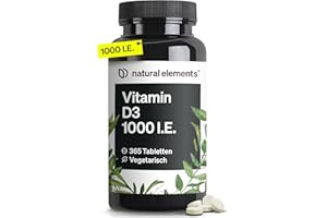 ‎NATURAL ELEMENTS natural elements Vitamin D3 1000 I.E. – 365 Tabletten im Jahresvorrat – Vitamin D für Knochen und Immunsystem – hochdosiert, ohne unnötige Zusätze – in Deutschland produziert & laborgeprüft