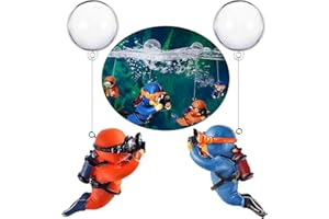 MXOQJE 2 PCS Fish Tank Accessories, Fish Tank Decorations, Aquarium Ornaments Fish Tank Ornaments Floating Cartoon Lovely Diver with Wire and Ball, for All Kinds of Fish Tanks(Orange, Blue)