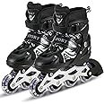JINU New Inline Skates, Adjustable Inline Roller Skates for Boys Kids&Girls, Skating Shoes for Kids 6-12 Outdoor Skating Shoes Roller Blades with Led Flash Lights Featuring Wheels for Skates Black
