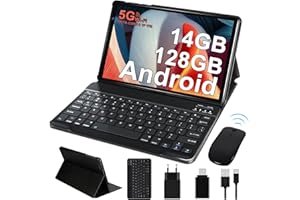 FACETEL Tablet Android Tablet 10 Pulgadas con Octa-Core | 14GB RAM + 64GB ROM(128GB TF) | 5G + 2.4G WiFi | 5MP + 8MP | Pantalla HD IPS | 8000mAh | Bluetooth | Teclado + Ratón - Cuerpo de Metal Negro