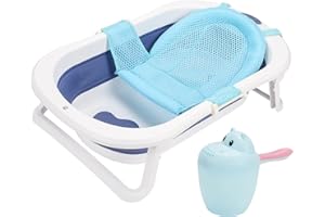 Eulenke Baignoire pliable bébé thermomètre intégré gobelet lavage cheveux portable antidérapante 50 l nouveau-né 3 ans coussin soutien bleu