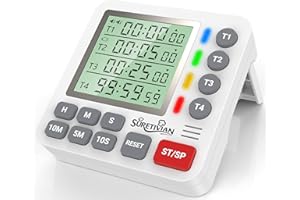 SURETIVIAN Digital Kitchen Timer for Cooking - 4 Channel Count Up Countdown Timer with Loud Alarm and Silent Mode, Large Display, Magnetic Back, Auto Memory for Classroom Study Gym, Battery Included (White&Grey)