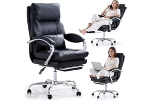 EMIAH Silla de Oficina Ejecutiva con Reposapiés,Silla de Escritorio con Reposabrazos,Silla Ergonómica Acolchado Reclinable de Cuero PU con Ruedas,Silla de Ordenador Giratoria con Cojín Grueso, Negro