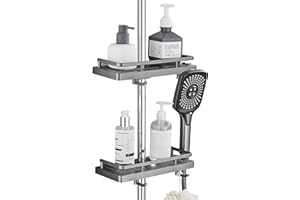 DUFU Stojak pod prysznic bez wiercenia, 2 sztuki, półka prysznicowa, półka łazienkowa, stojak prysznicowy, organizer uchwyt na mydło szampon, ręcznik z klamrą i haczykiem na słuchawkę prysznicową, pasuje do drążka prysznicowego 22 mm - 25 mm