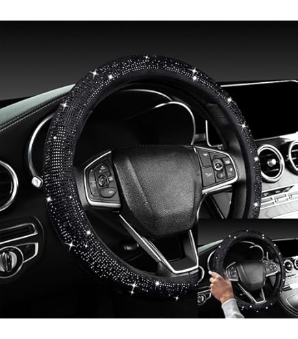 JNNJ Couvre Volant Universelle, Anti-Dérapant Couvre Volant Bling Diamant Glitter, Housse En Cuir Avec Strass En Cristal, 37-38cm Protege Volant Voiture à Paillette Diamant Pour Femmes(Noir
