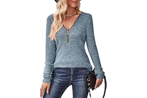 Gemulate Womens Long Sleeve Tops Ladies Lightweight Knit Jumpers V Neck Zipper Sweaters Casual Striped Sweatshirts Tshirt