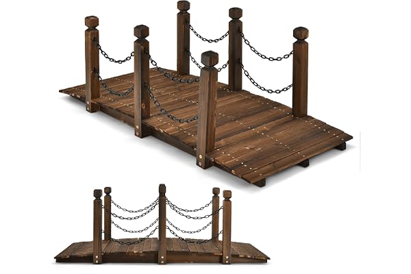 RELAX4LIFE Pont de Jardin en Sapin Carbonisé avec Chaînes de Sécurité Inoxydable, Pont d'étang pour Décoration Extérieure Charge Max 225 KG, 150 X 67 X 55 CM