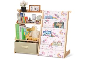 Decalsweet Kids Bookshelf with Toy Storage Box,Wooden Childrens Bookcase with 4 Sling & 3 Tier,Toddler Baby Book Shelf for Kids Room Bedroom Playroom Nursery-Unicorn