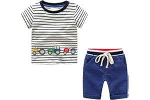 Yilaku Completi Estivi Bambino，T Shirt Cartone Animato in Cotone Stampa Auto/Barca + Pantaloncini Ragazzo Set da 2 Pezzi