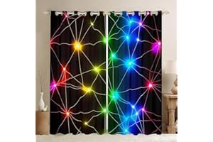 Homemissing Triangle Retro Neon Curtains (2 Panels,W46*L72) For Bedroom Kids Boys Girls Teens Rainbow Laser 30%-50% Blackout Curtains Colorful Stripes Window Treatments（No Glitter）