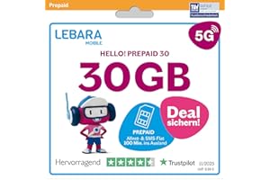 LEBARA Prepaid SIM-Karte mit Hello! 30 Prepaid Tarif ohne Vertrag | Allnet Flat Telefonie & SMS, 30 GB Datenvolumen inkl. 5G und 100 Frei-Min. ins Ausland