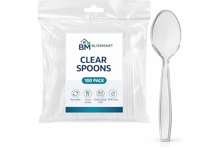 BLISSMART Clear Spoons 100 Pack, Heavy Duty Reusable Spoons, BPA-Free Food Grade, Washable & Dishwasher Safe, Strong Clear Spoon for Home, Party, Catering & Meal Prep