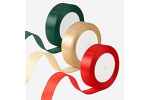 HEMIKS 3 Rouleaux Satin - 2,5cm x 22m - Rouge, Or et Vert Foncé - Ruban Tissu Couleur pour Emballage Cadeau, Mariage, Anniversaire, Artisanat