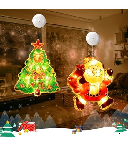 VEYLIN Weihnachts-Saugnapflichter, 3er Set – Bunte LED-Lichter Als Weihnachtsbaum, Elch & Glocke, Für Fenster Innen/außen